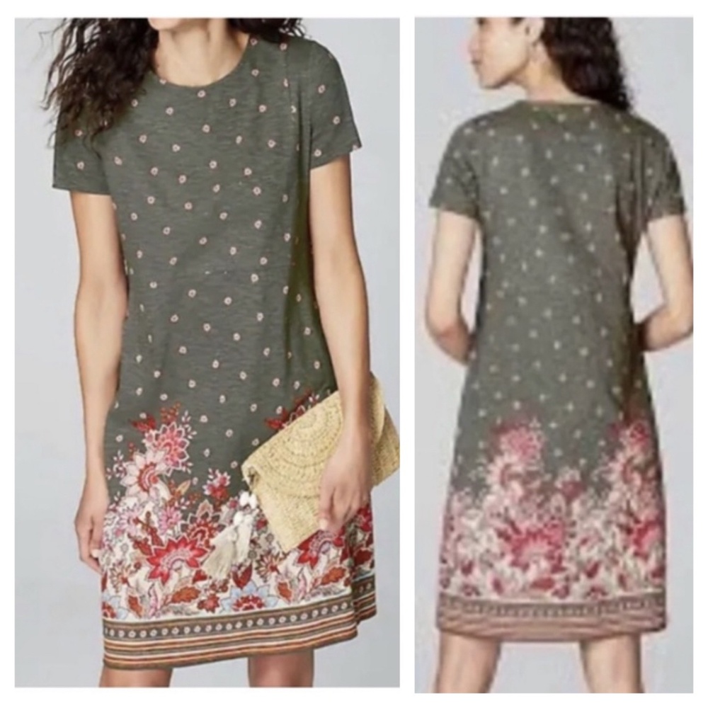 J. Jill Dress Knit Jersey 4X Cotton Floral Midi grey red pockets plus size